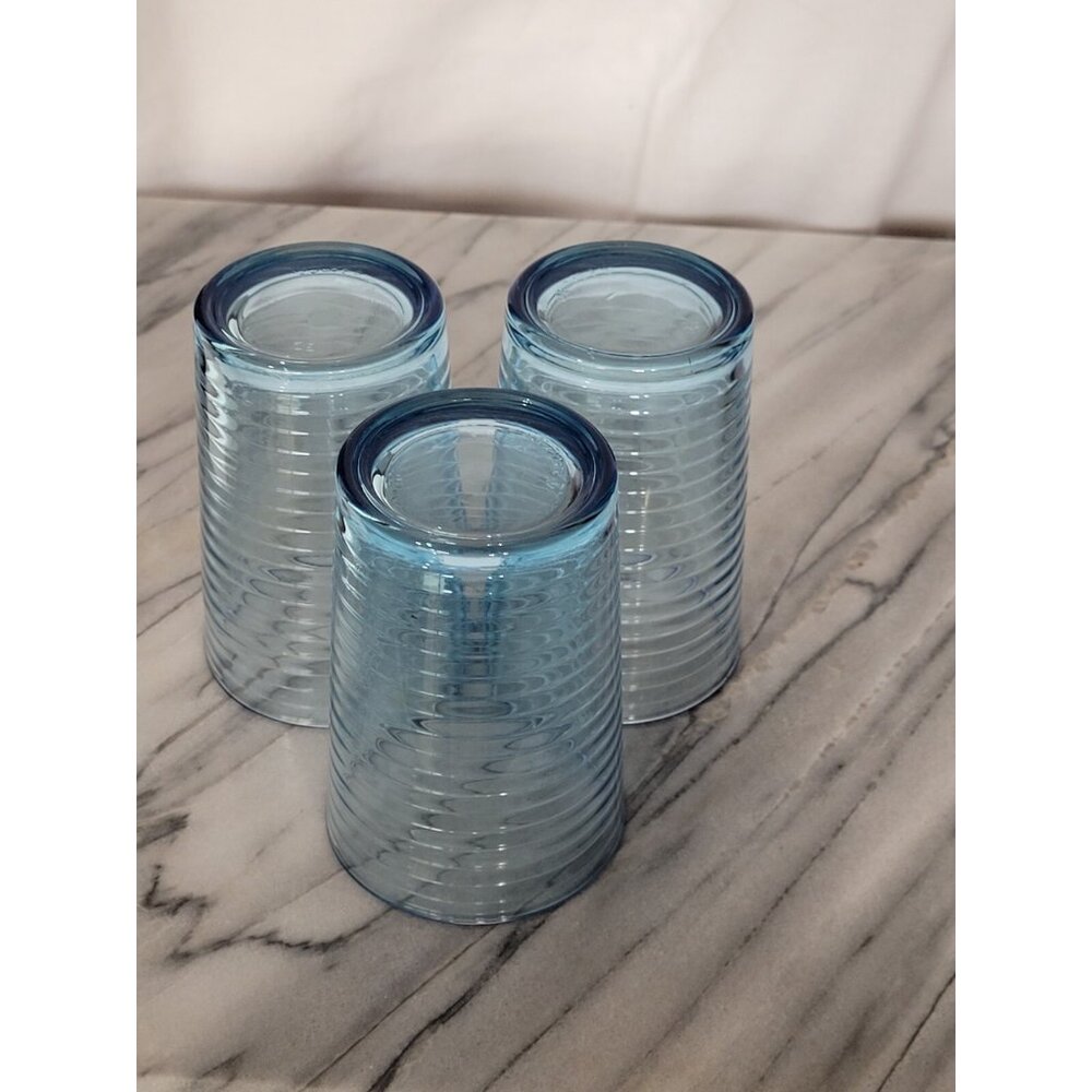 KIG Indonesia 4" Juice Glass Blue Concentric Ribbed Circular Pattern Vintage Set - Picture 8 of 13